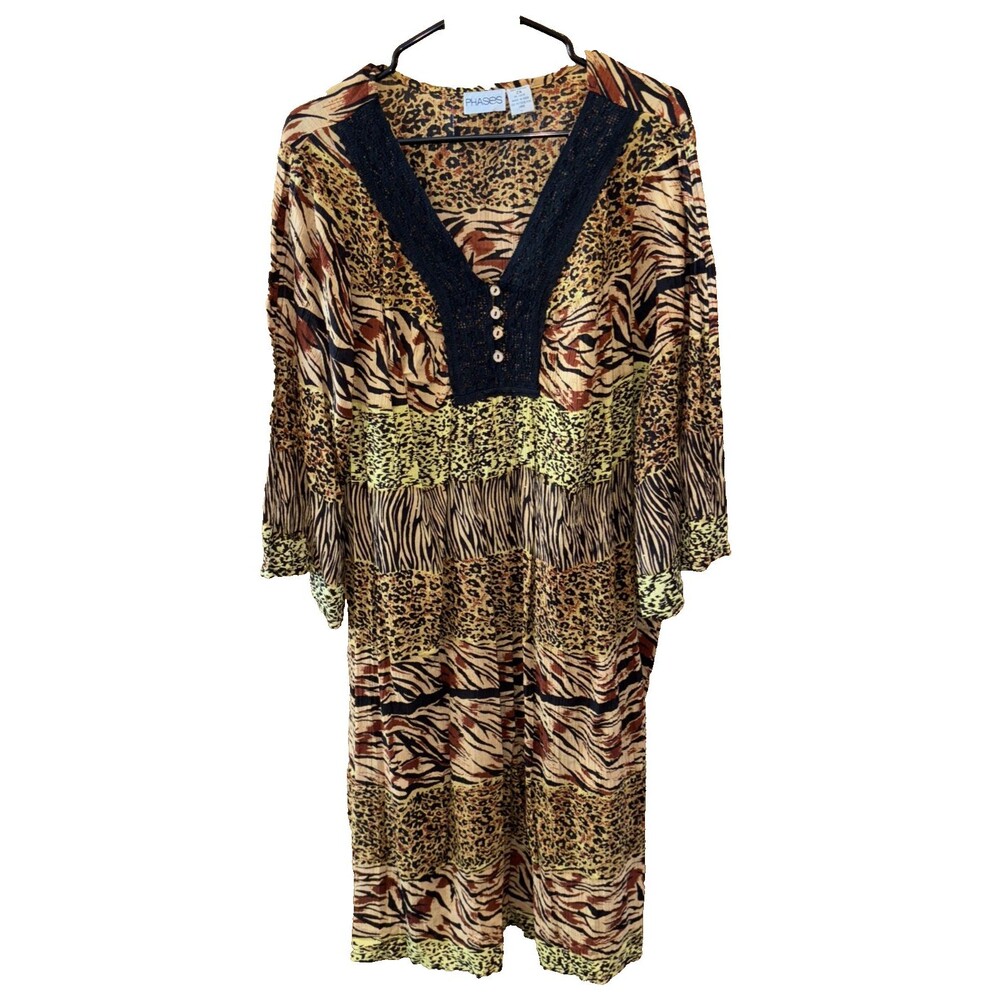 Phases Women Dress 2X Animal Print Resort Kitschy Art Vintage V Neck Cotton